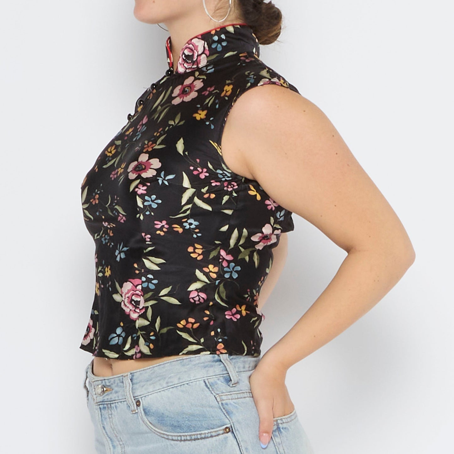 Floral Mandarin Collar Sleeveless Top - UK 10