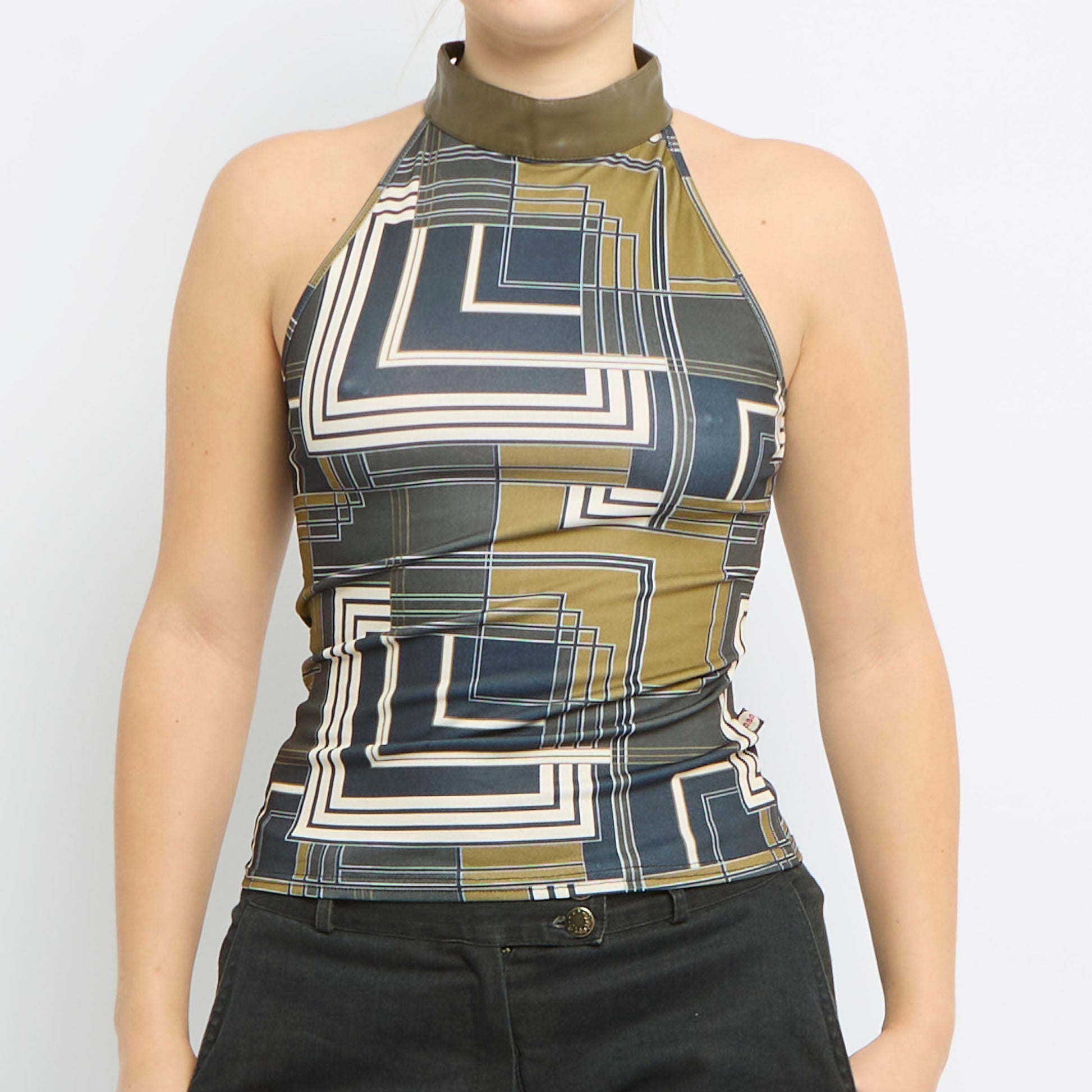 Graphic Leather Collar Sleeveless Top - UK 10