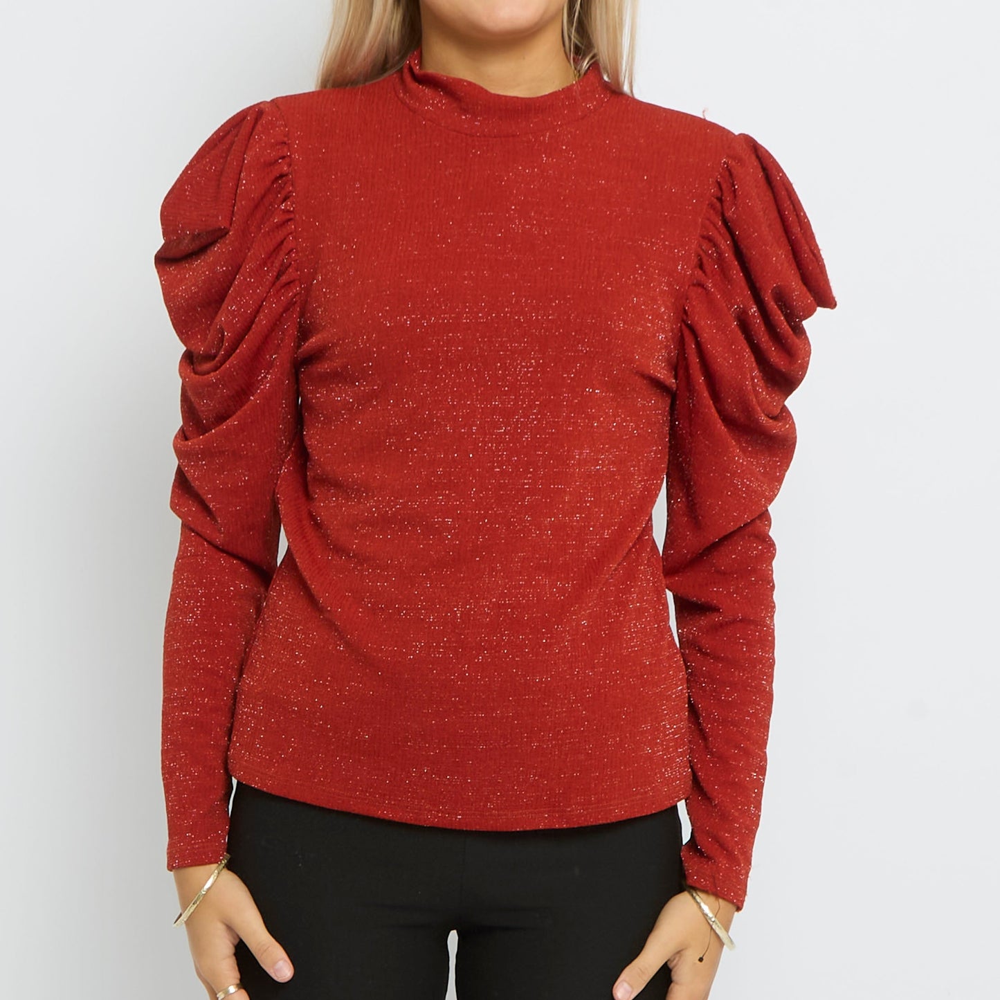 High Neck Ruffle Sleeve Shimmer Long Sleeve Top- UK 10