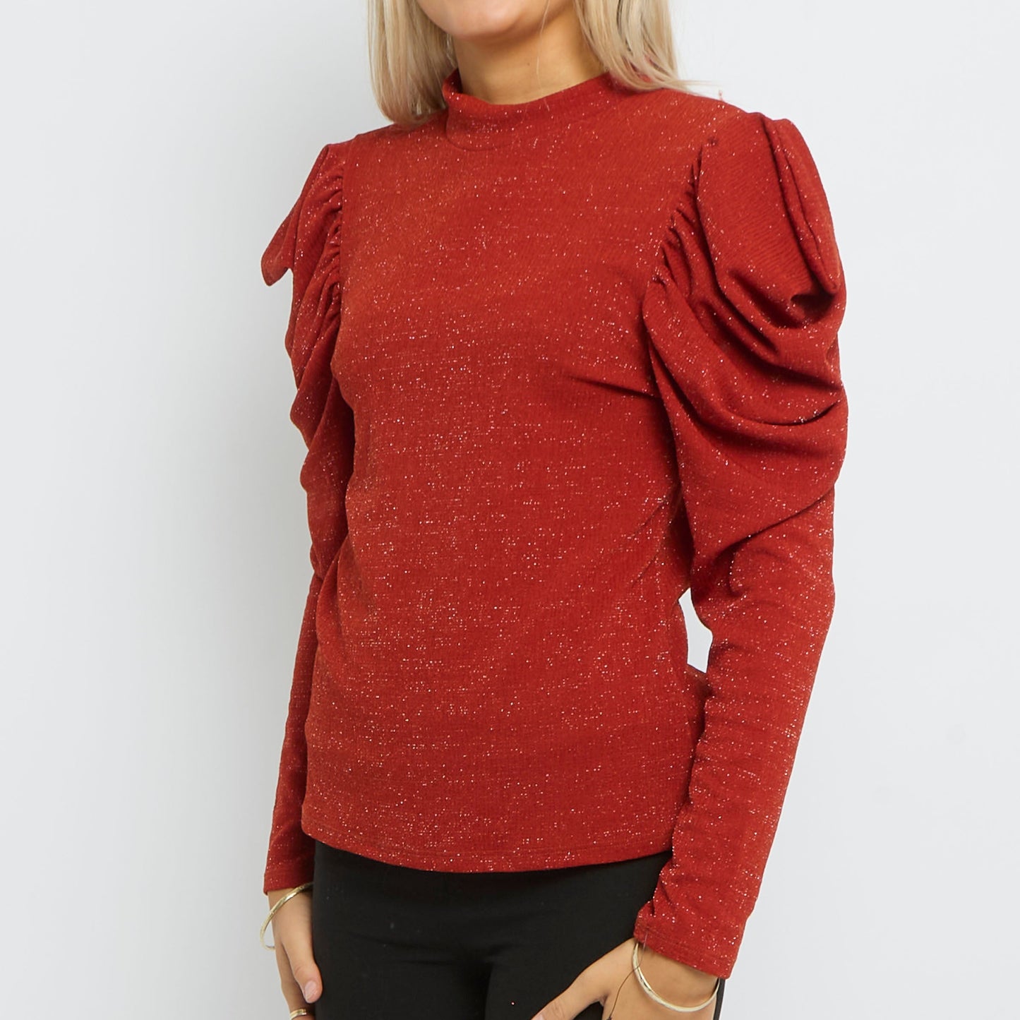 High Neck Ruffle Sleeve Shimmer Long Sleeve Top- UK 10