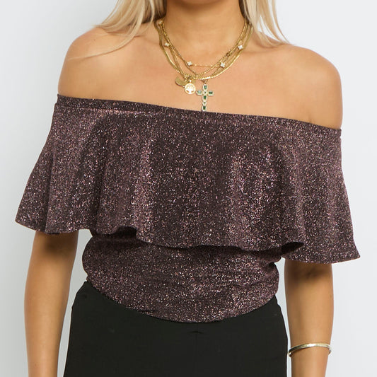 Ruffle Layered Neck Off The Shoulder BodySuit- UK 10