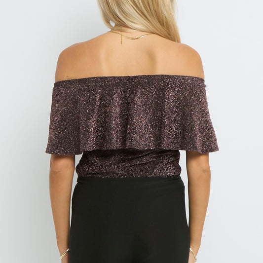 Ruffle Layered Neck Off The Shoulder BodySuit- UK 10