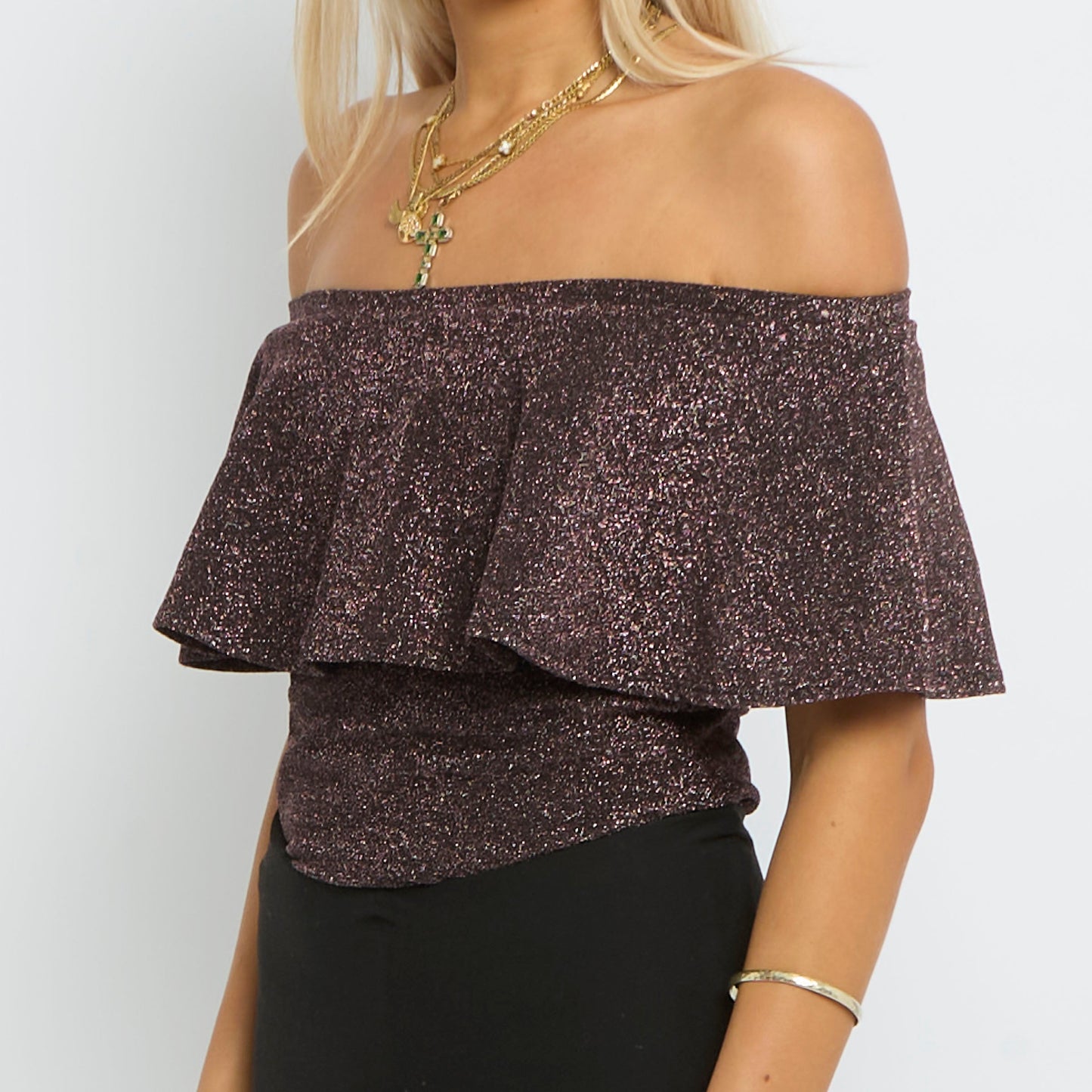 Ruffle Layered Neck Off The Shoulder BodySuit- UK 10