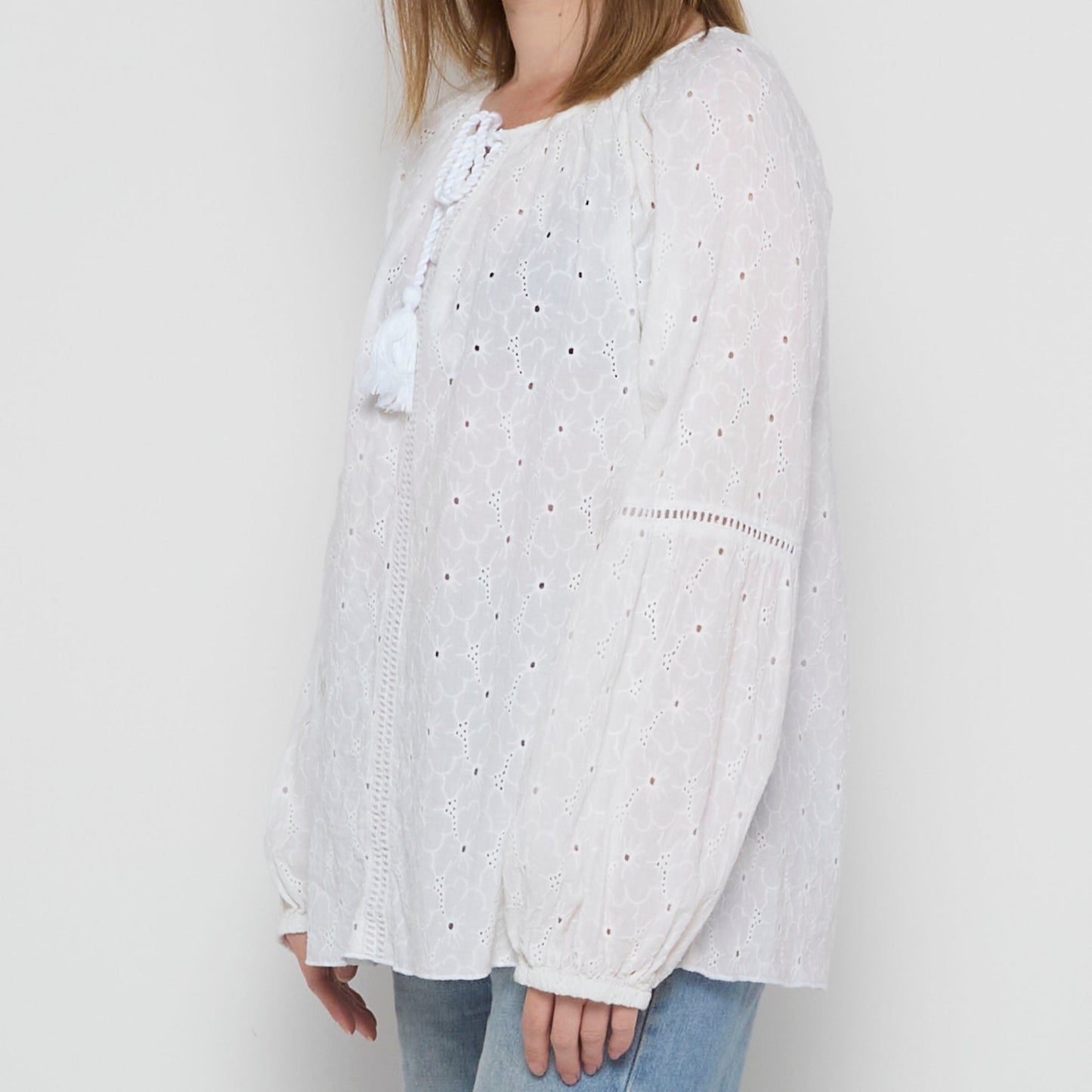 Cotton embroidery Anglais Button Through Tunic Blouse - UK 10