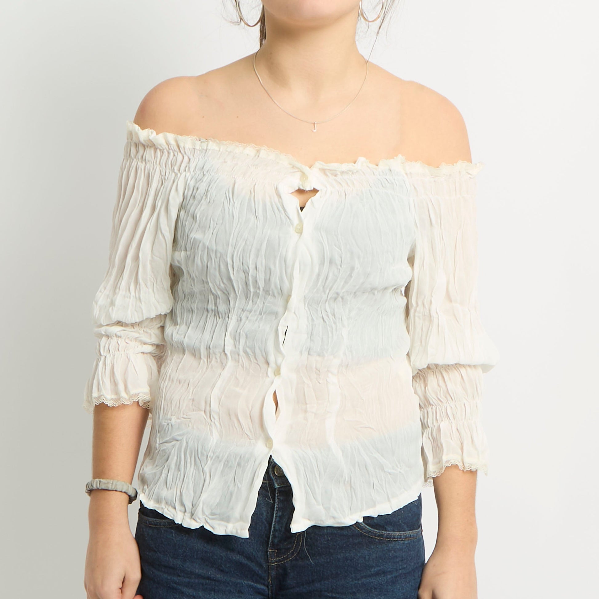 Off The Shoulder Chiffon Button Top - UK 10