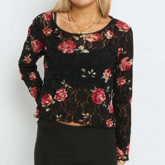 Floral Mesh Longsleeve Top - UK 12