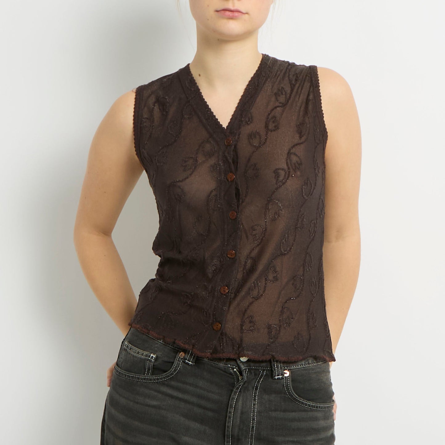 Button Up Mesh Embroidery Top - UK 12