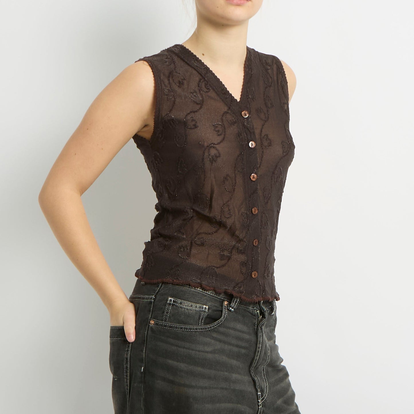 Button Up Mesh Embroidery Top - UK 12