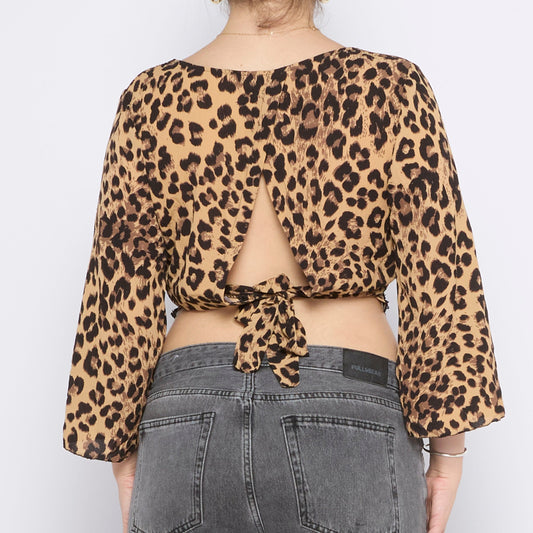 Leopard  Cut Out Back Tie Top - UK 12