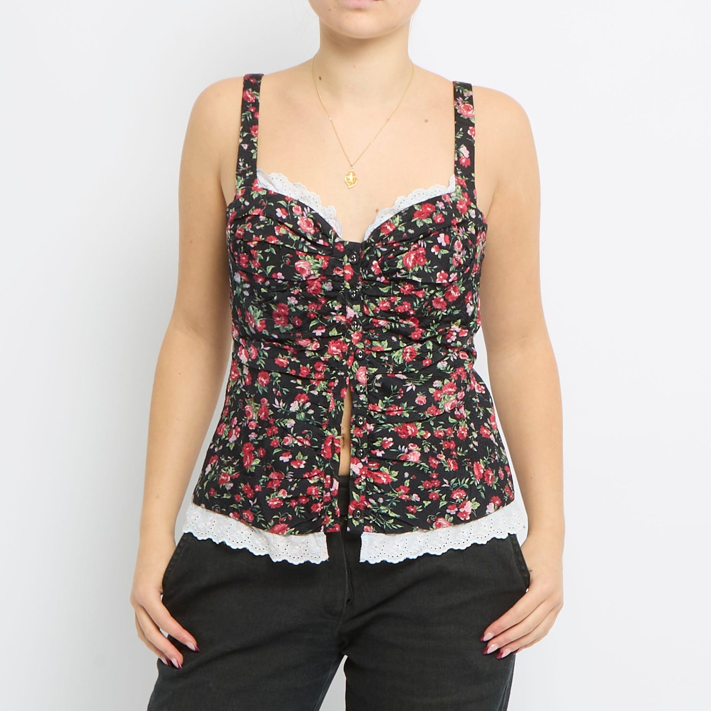 Floral Print Strappy Button Up Top - UK 12