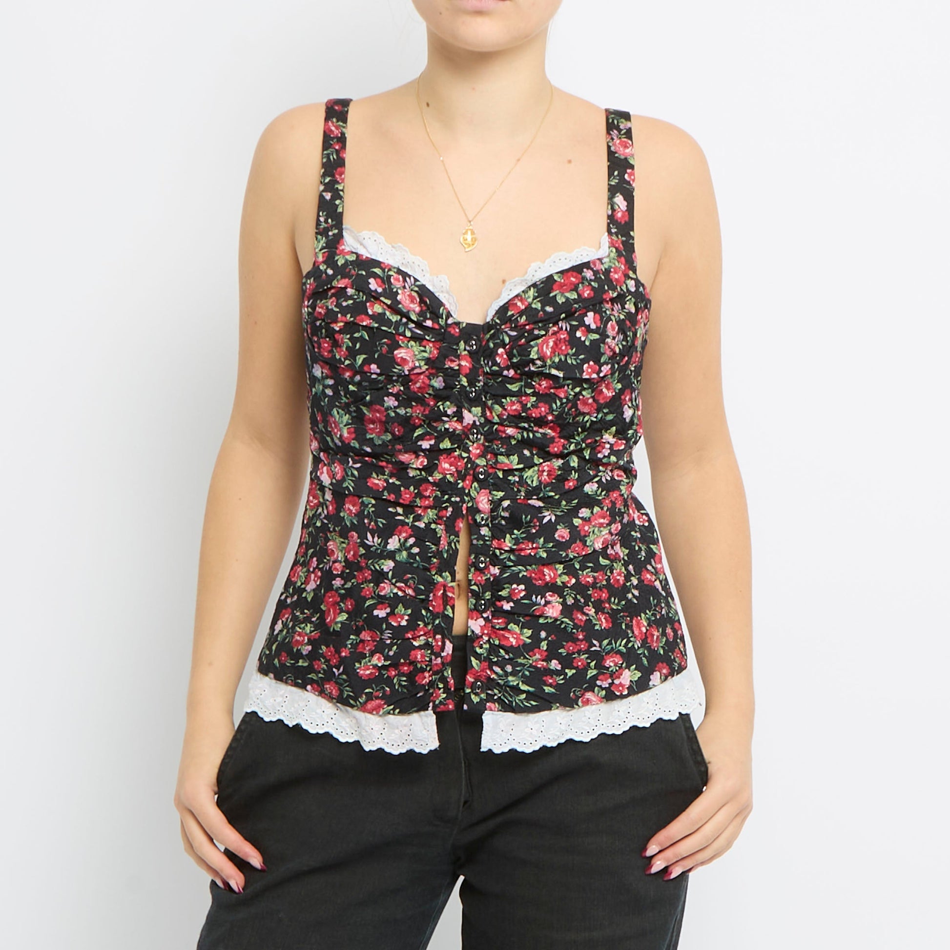 Floral Print Strappy Button Up Top - UK 12