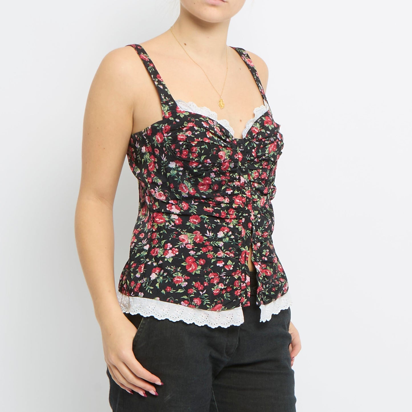 Floral Print Strappy Button Up Top - UK 12