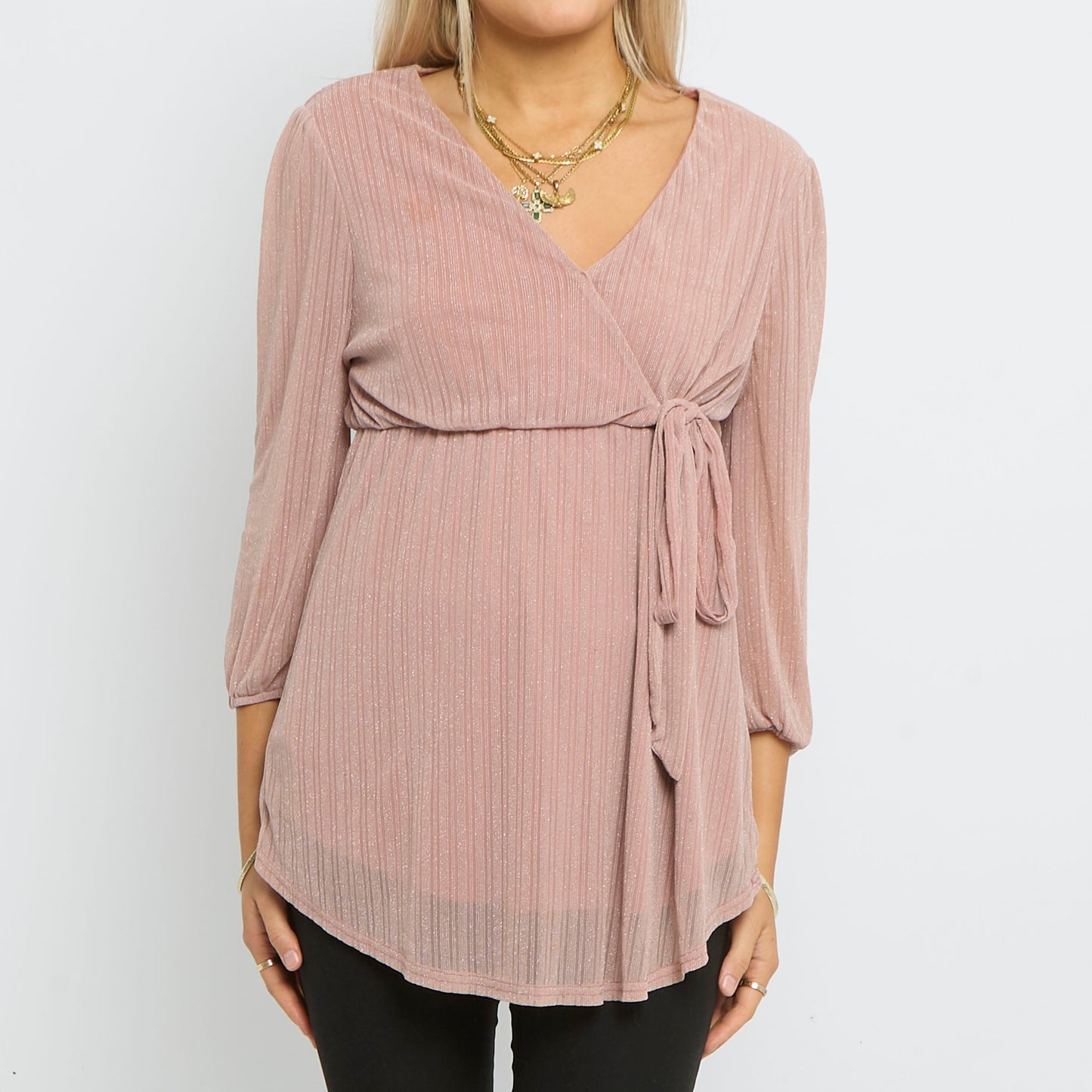 Sparkle Layered Tie Front V-Neck Long Sleeve Top- UK 12