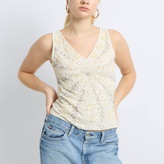 V-Neck Sequin Gem Detail Top - UK 12