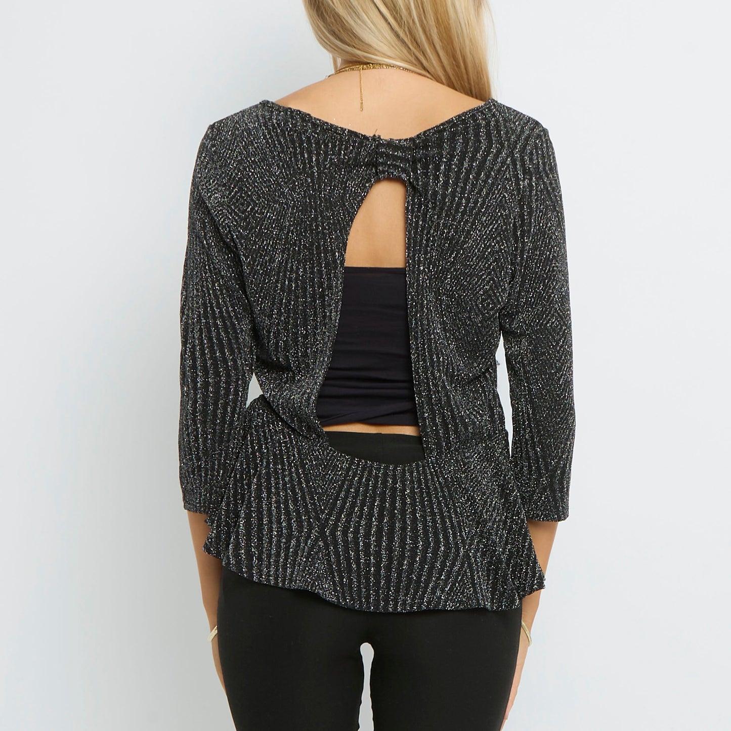 Open Back Bow  Cinched Shimmer Sleeve Top- UK 14