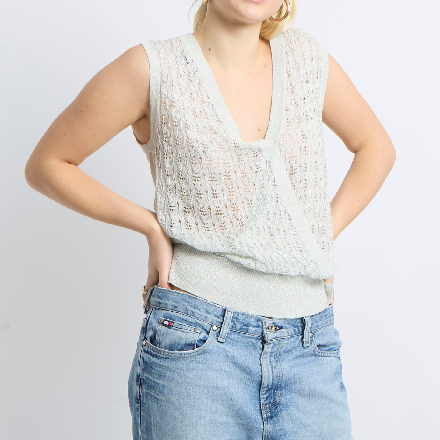 Open Knit Wrap V-Neck Top - UK 14