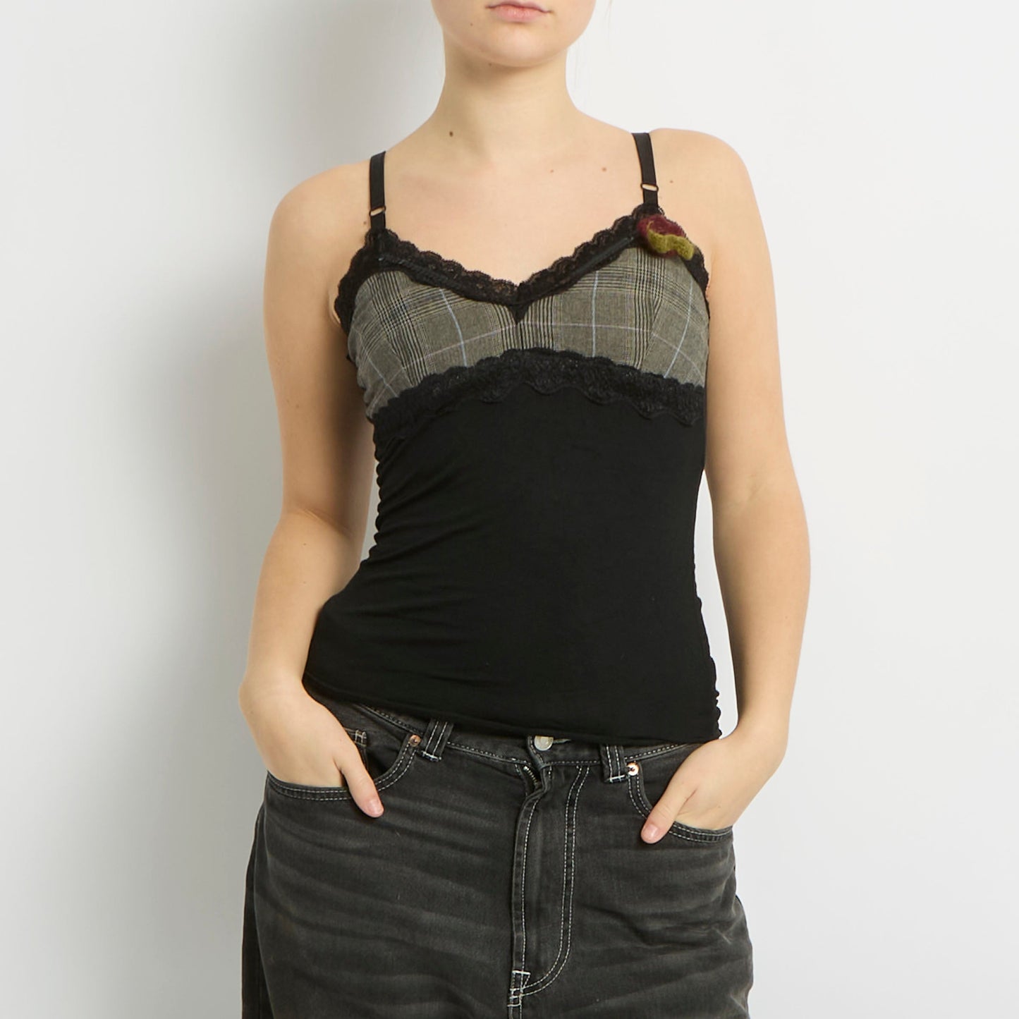 Tartan Detail Sequin Hem Cami Top - UK 6