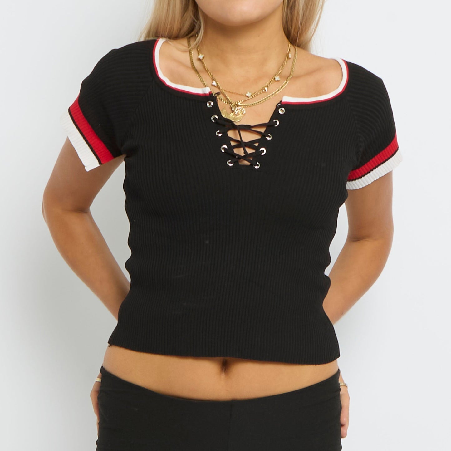 Shortsleeve Ribbed Lace Up Top - UK 6