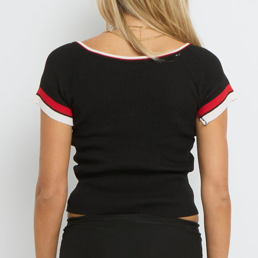 Short Sleeve Ribbed Lace Up Top - UK 6