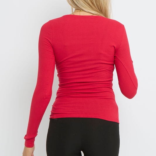 Red Long Sleeve Tie Knot Plunge Top - UK 6