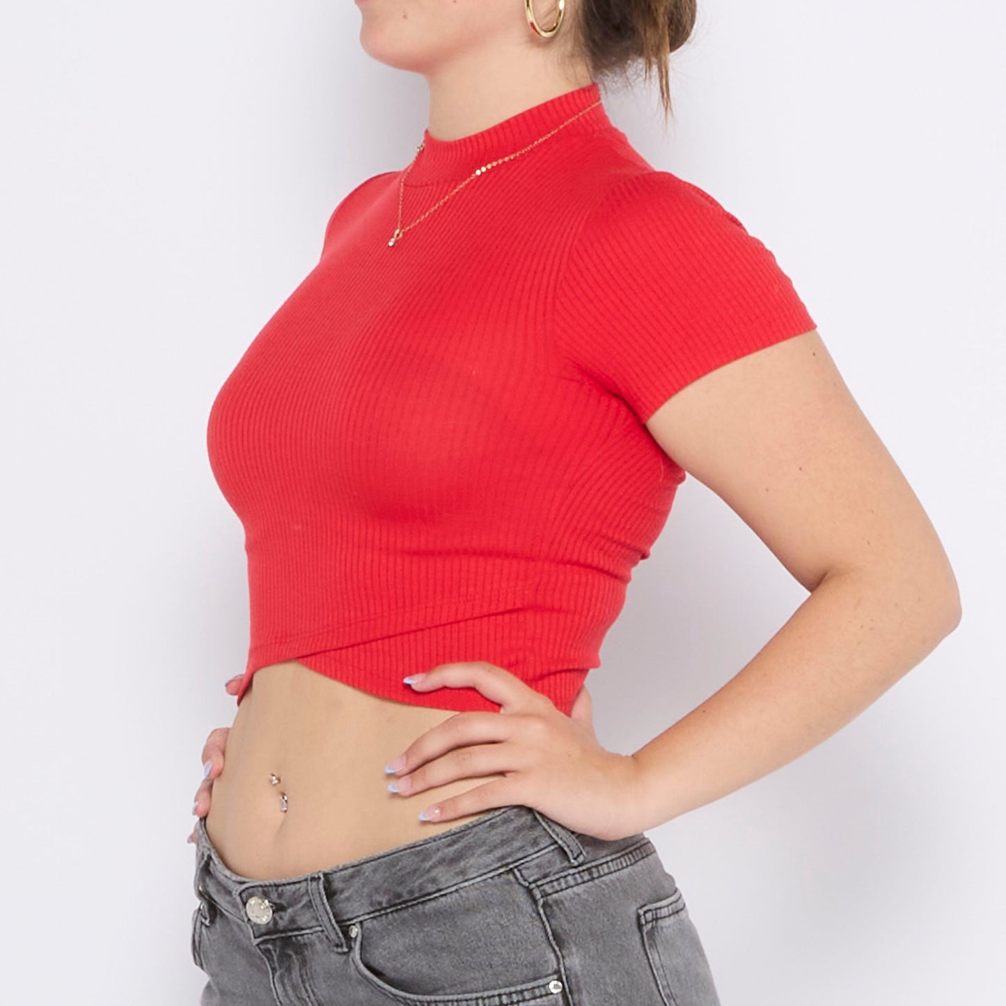 Ribbed Turtleneck Crop T-Shirt - UK 6