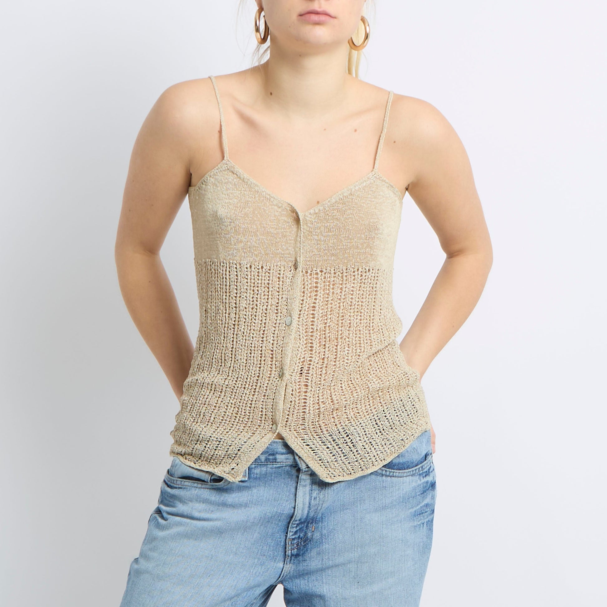 Crochet Knit Button Up Cami Top - UK 8