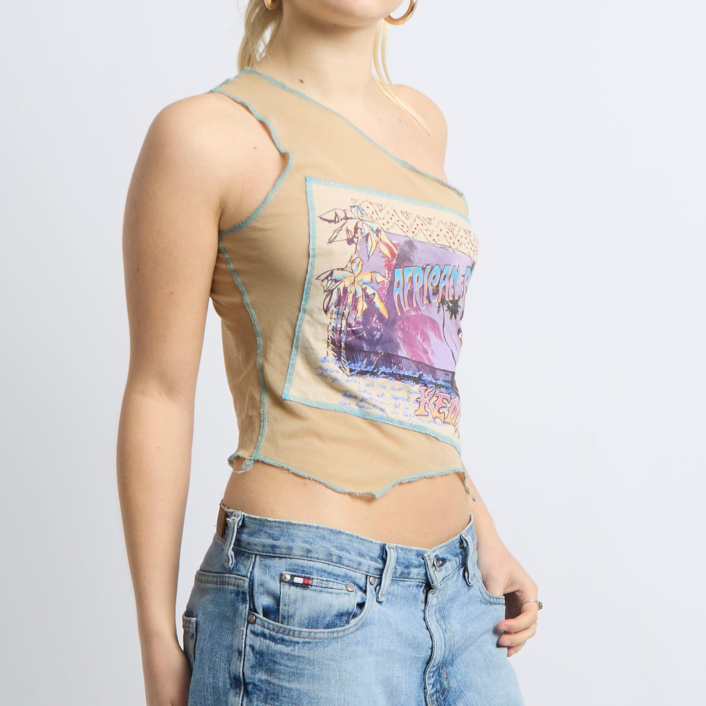 Graphic Detail Mesh One Shoulder Top - UK 8