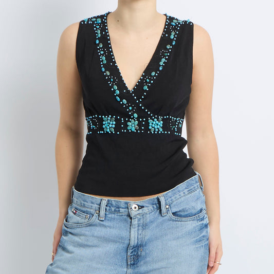 Knitted Beaded Detail Wrap Top - UK 8