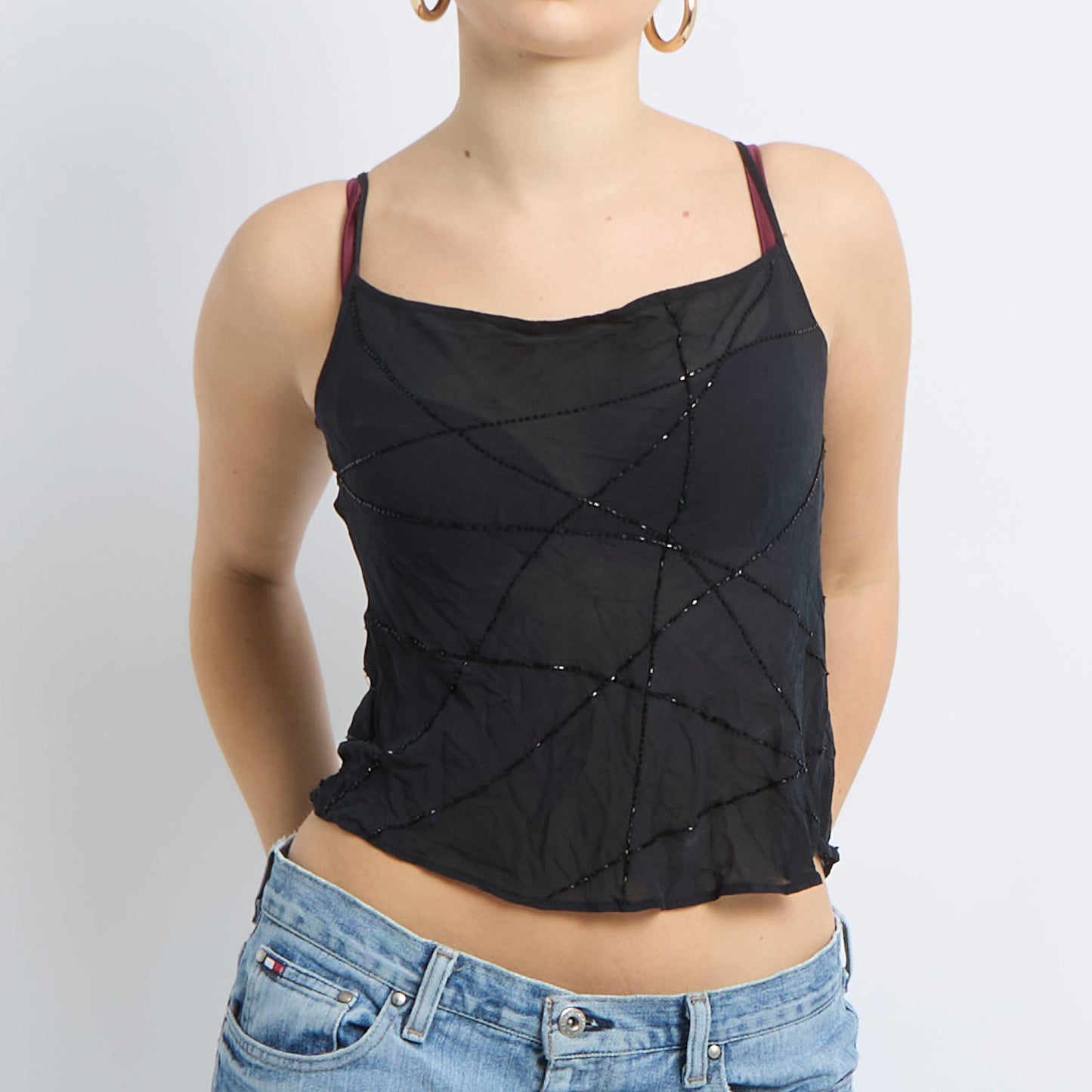 Beaded Detail Mesh Cami Top - UK 8