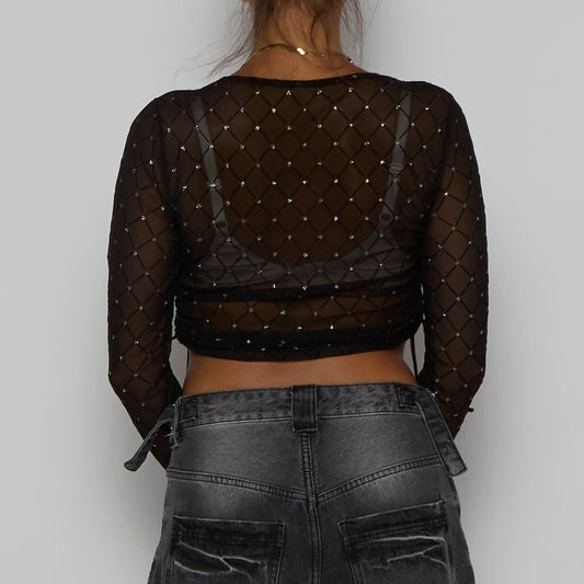 Diamanté Long Sleeve Crop Mesh Top - UK 8