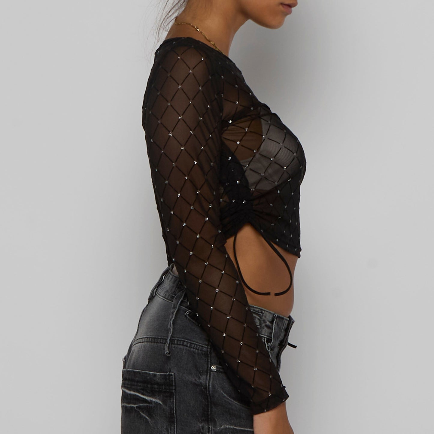 Diamanté Long Sleeve Crop Mesh Top - UK 8