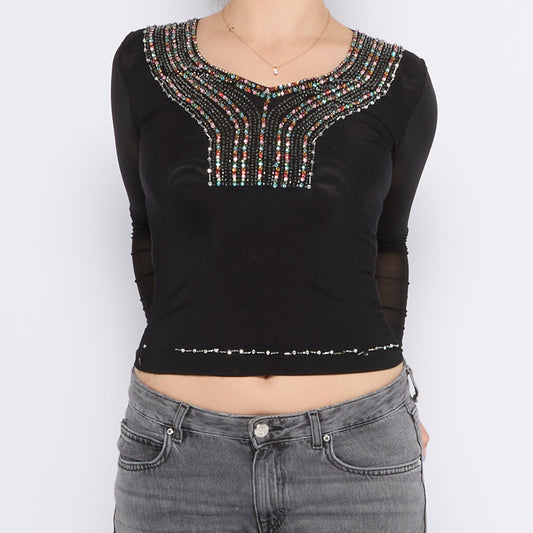 Gem Detail V-Neck Mesh Top - UK 8