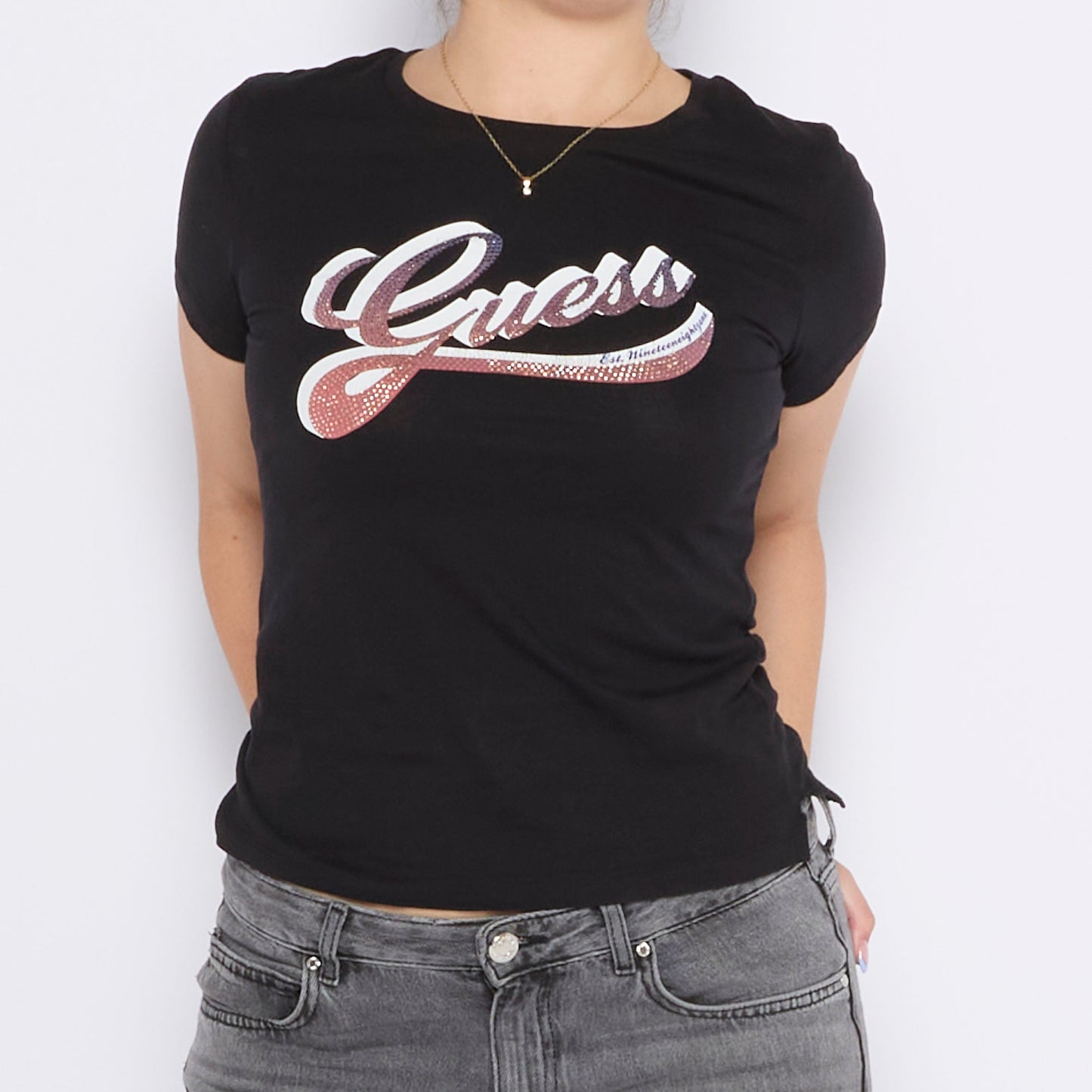 Guess Sparkly Spellout T-shirt - UK 8