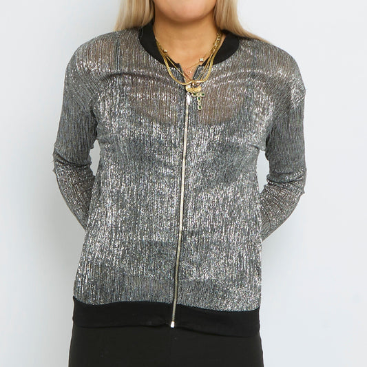 Sheer Sparkle Zip Up Long Sleeve Top - UK 8