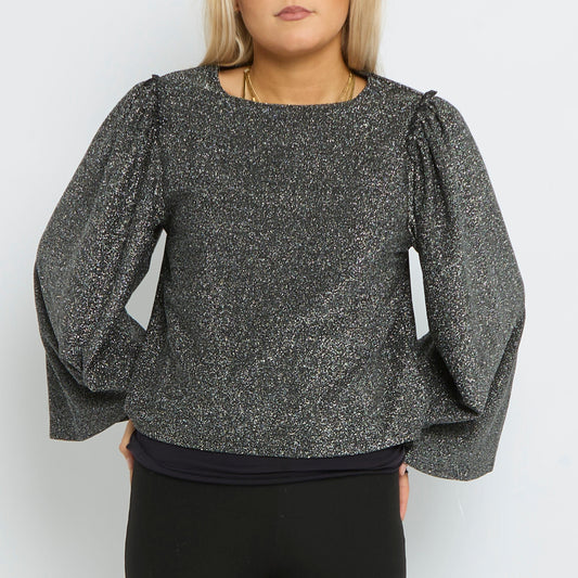 Sparkley Oversize Long Sleeve Ruffle Arm Cropped Top- UK 8