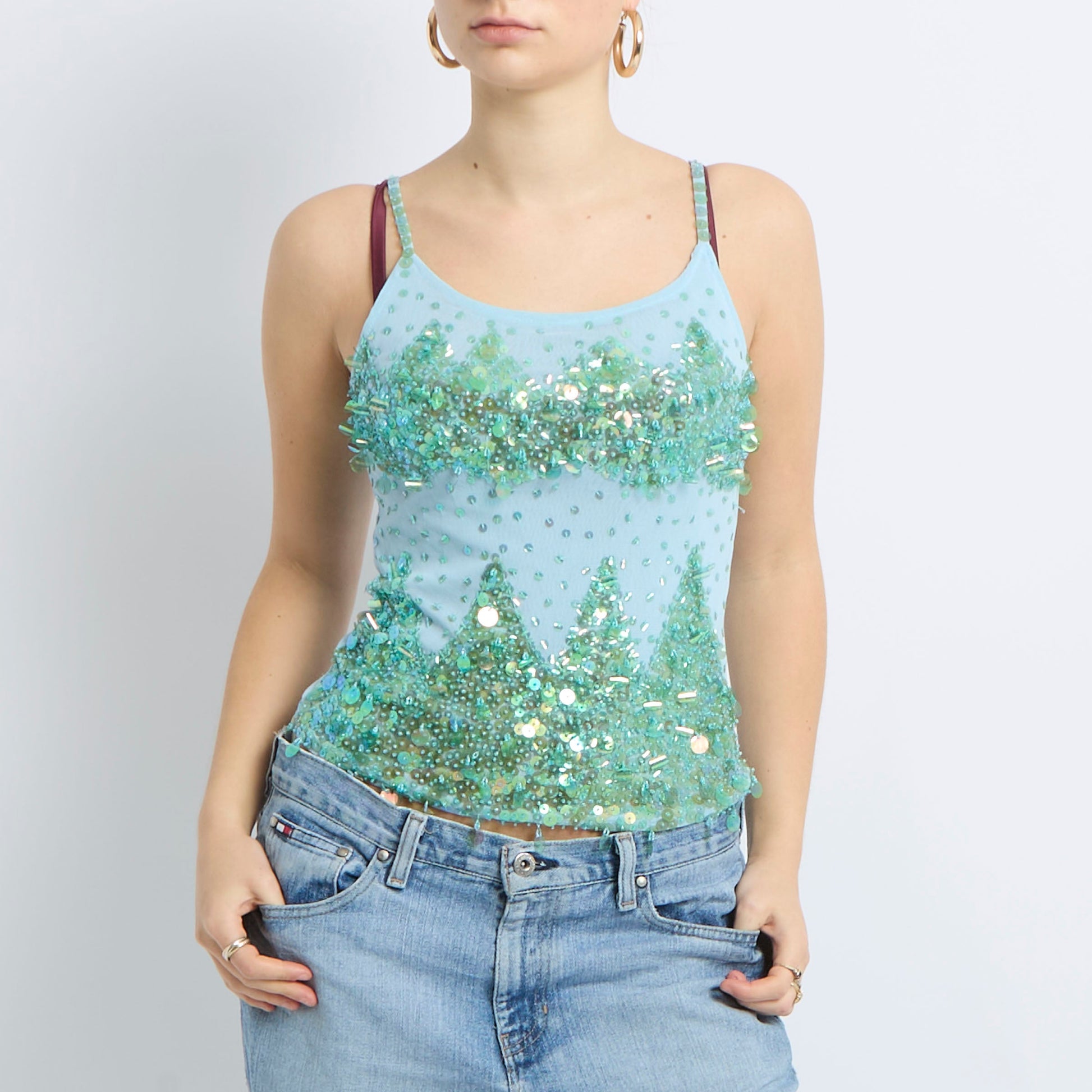 Sequin Detail Mesh Cami Top - UK 8