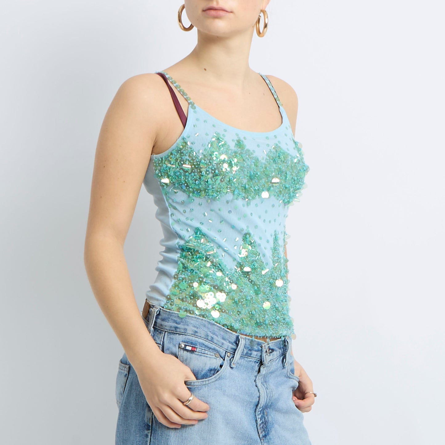 Sequin Detail Mesh Cami Top - UK 8