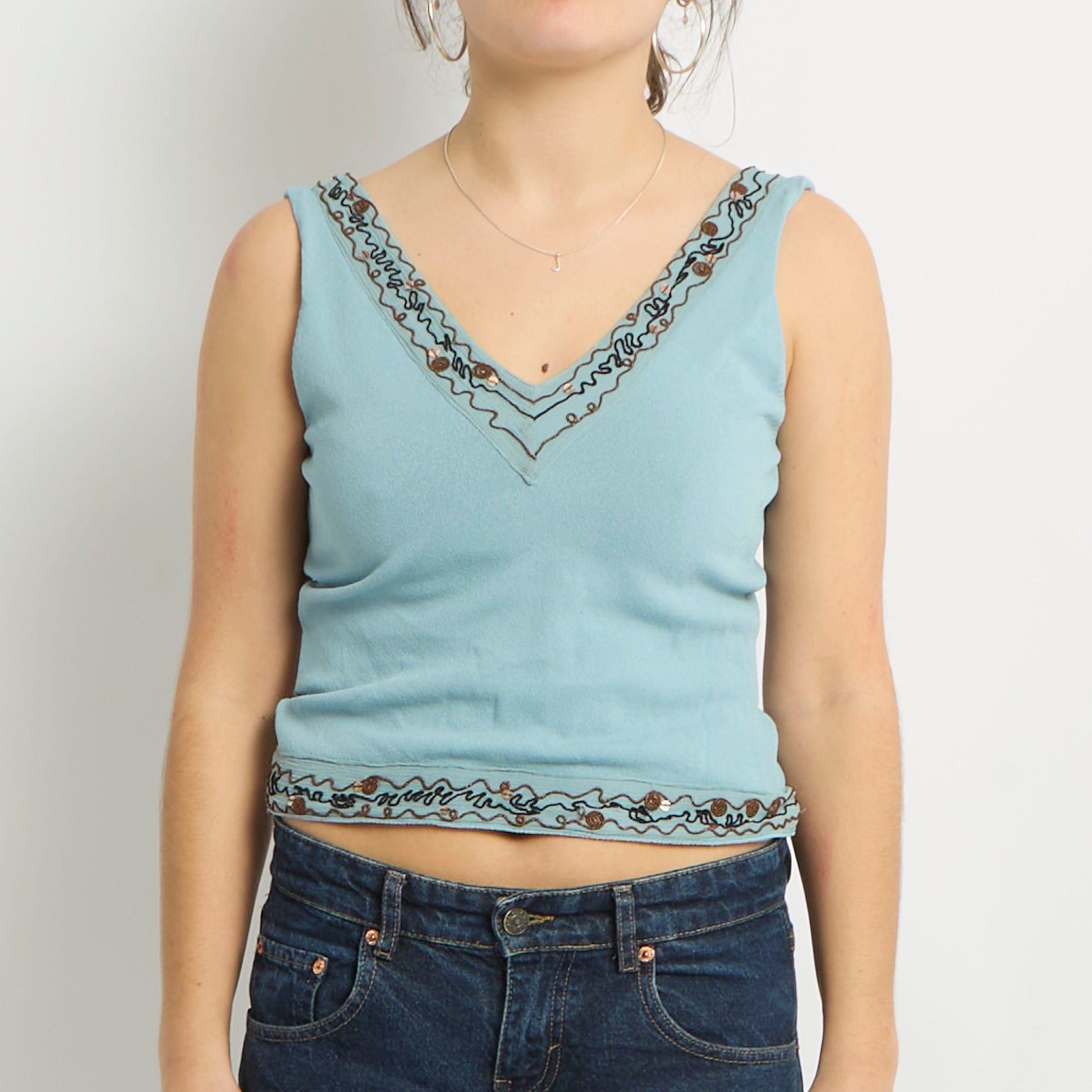 V-Neck Embroidery Detail Tank Top - UK 8