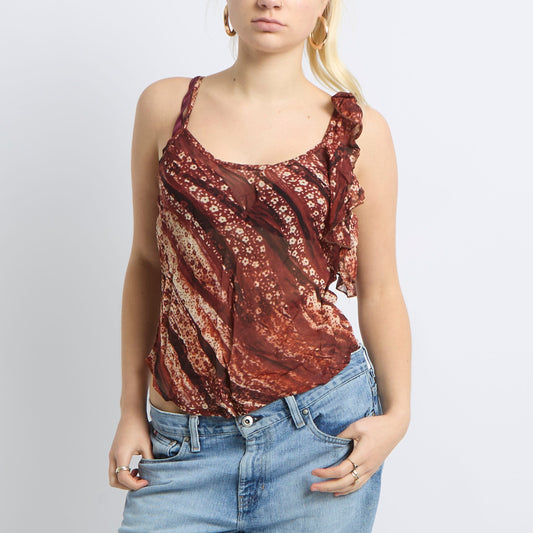 Ruffle Shoulder Mesh Cami Top - UK 8