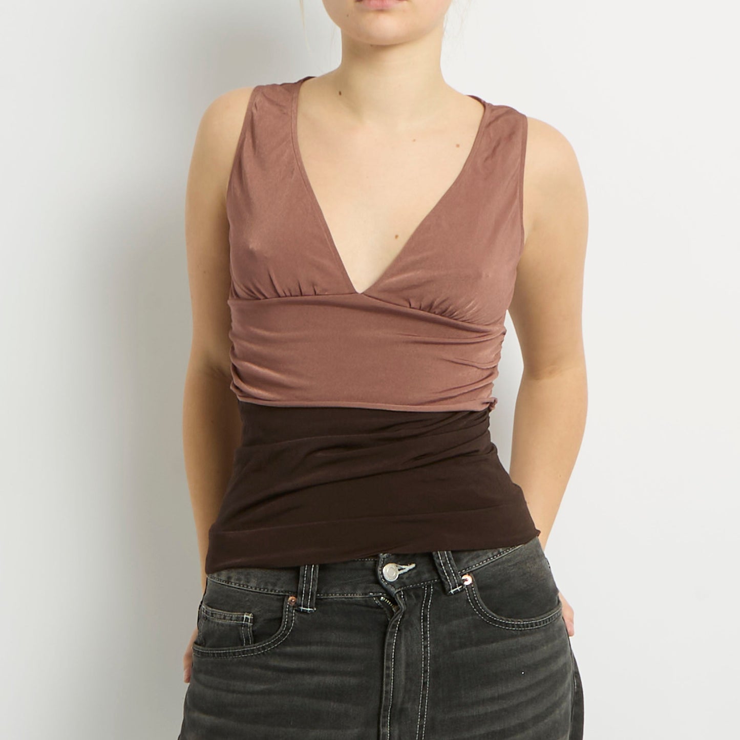 Satin V Neck Contrast Top - UK 8