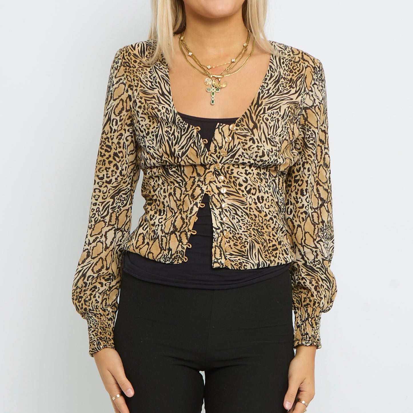 Corset Style Fitted Cropped Long Sleeve Animal print Shirt- UK 8