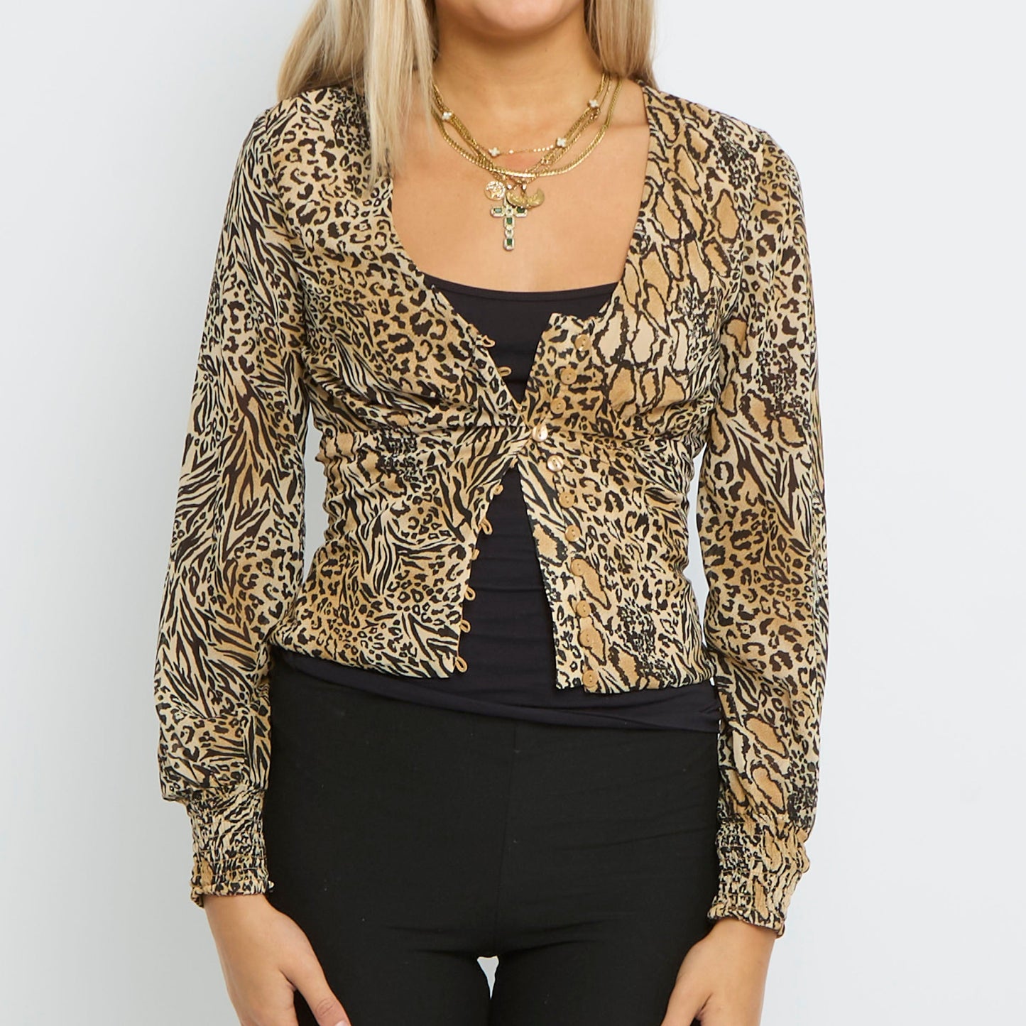 Corset Style Fitted Cropped Long Sleeve Animal print Shirt-UK 8