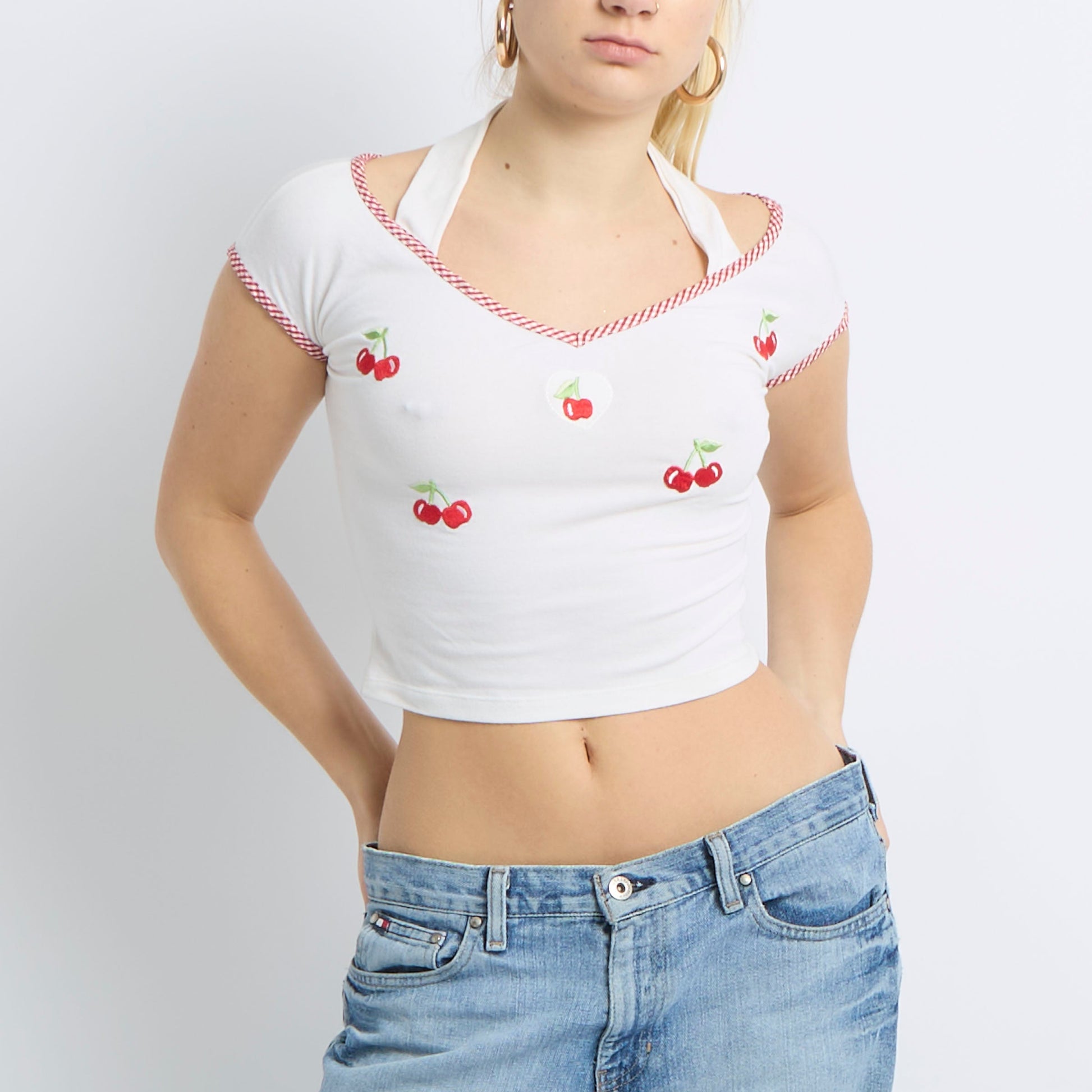 Cherry Detail Gingham Trim Crop Top - UK 8