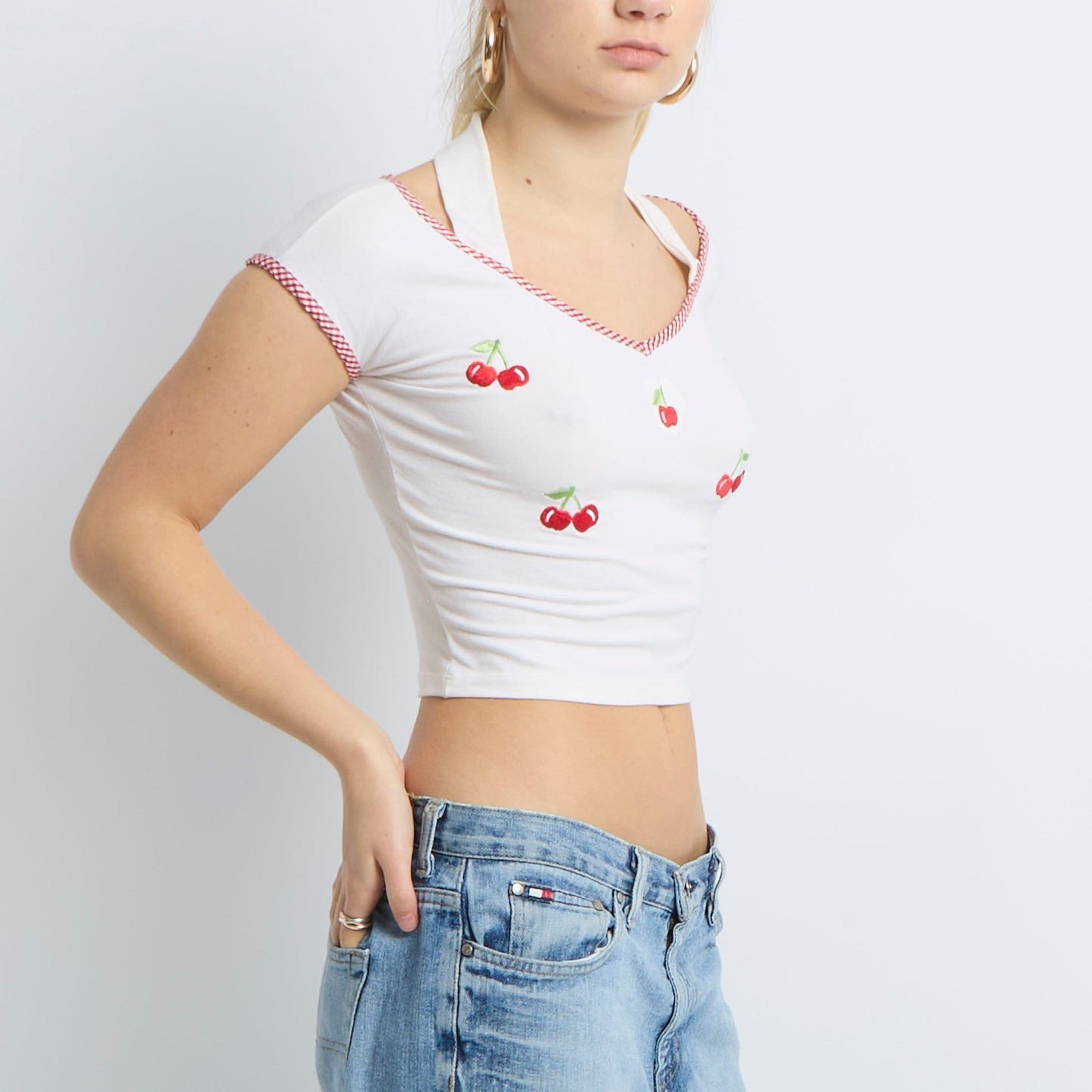 Cherry Detail Gingham Trim Crop Top - UK 8