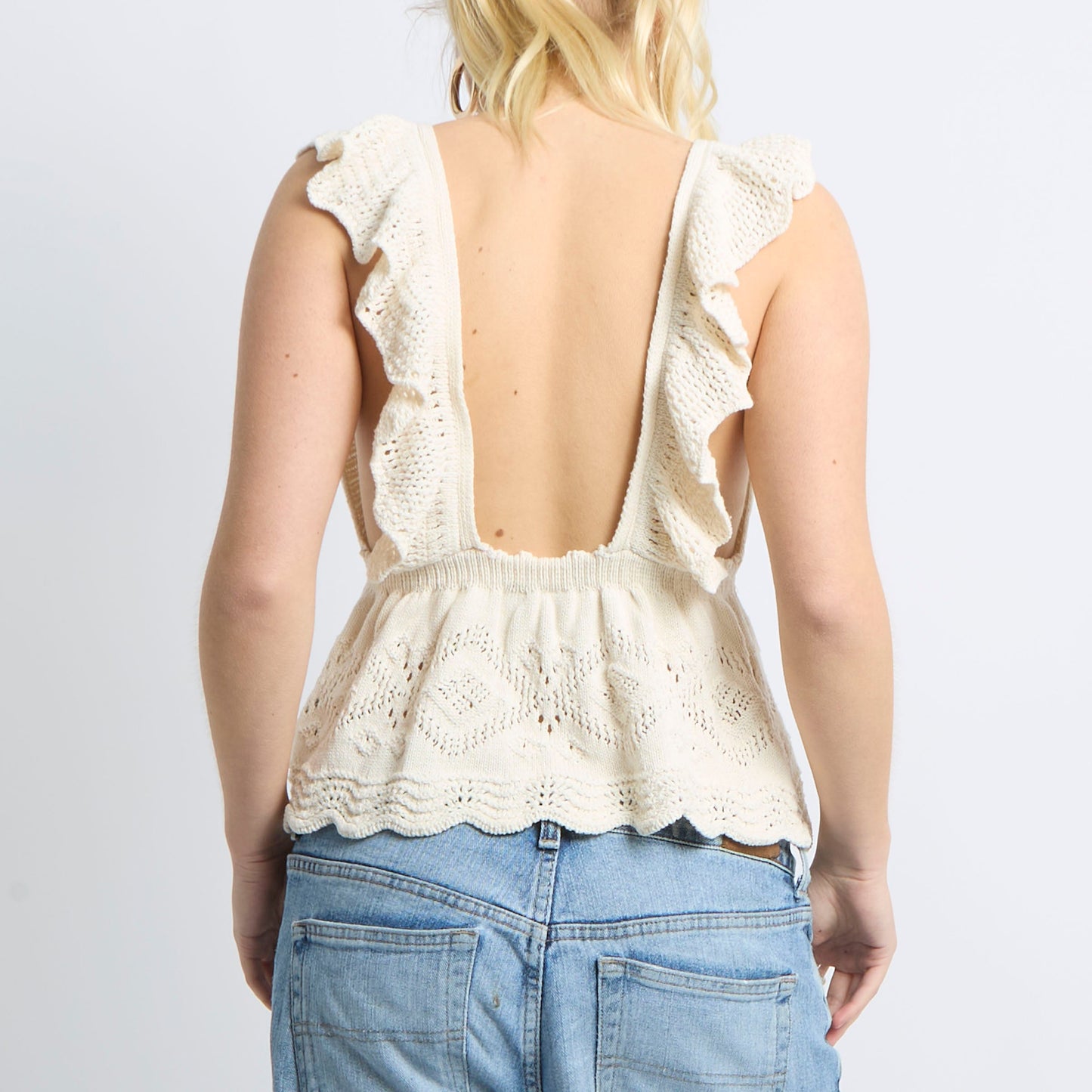 Crochet Knit Ruffle Shoulder Top - UK 8