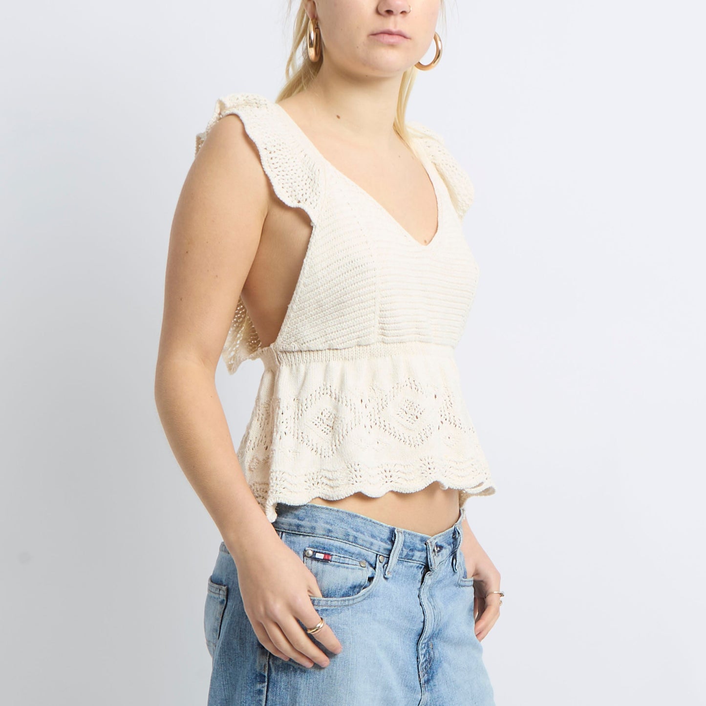 Crochet Knit Ruffle Shoulder Top - UK 8