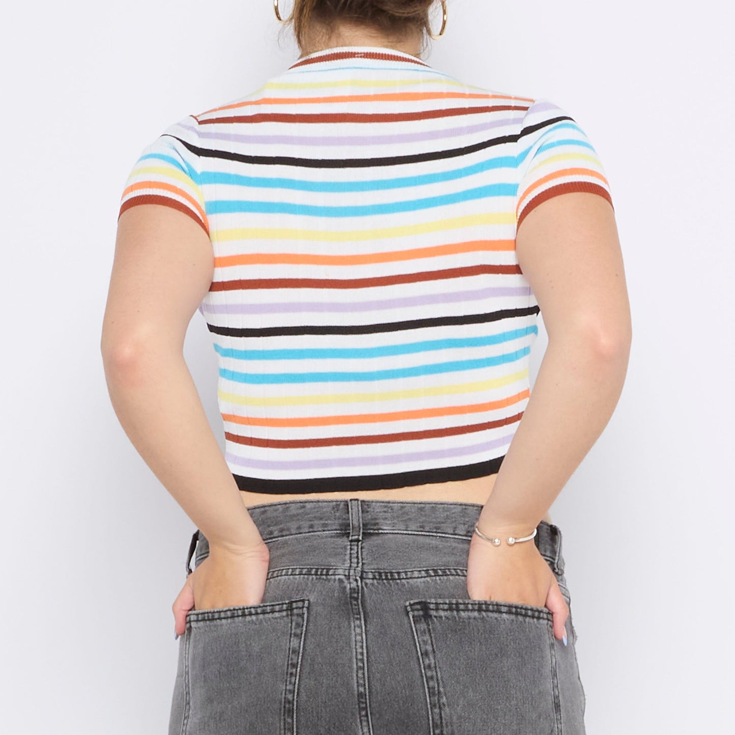 Stripe Ribbed Crew Neck Crop T-Shirt - UK 8