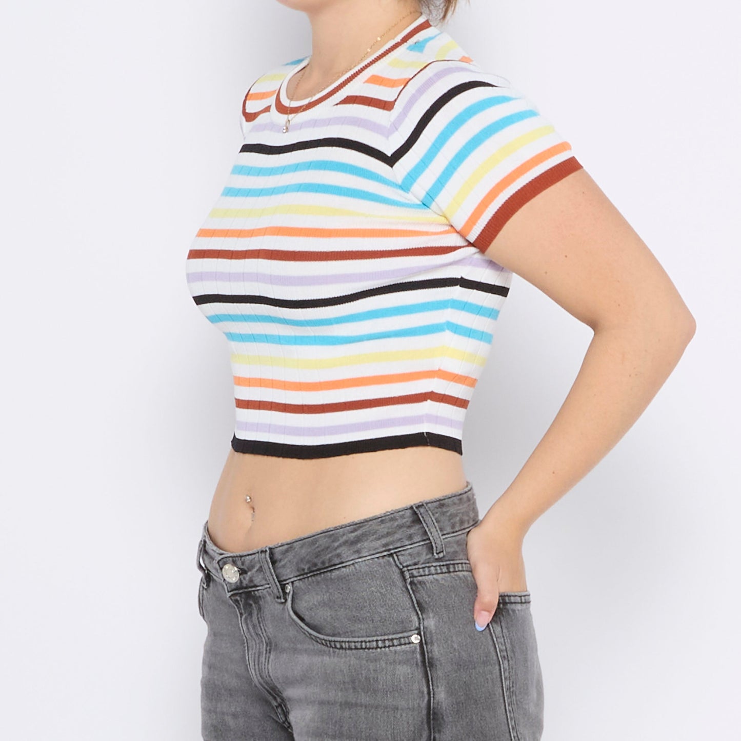 Stripe Ribbed Crew Neck Crop T-Shirt - UK 8