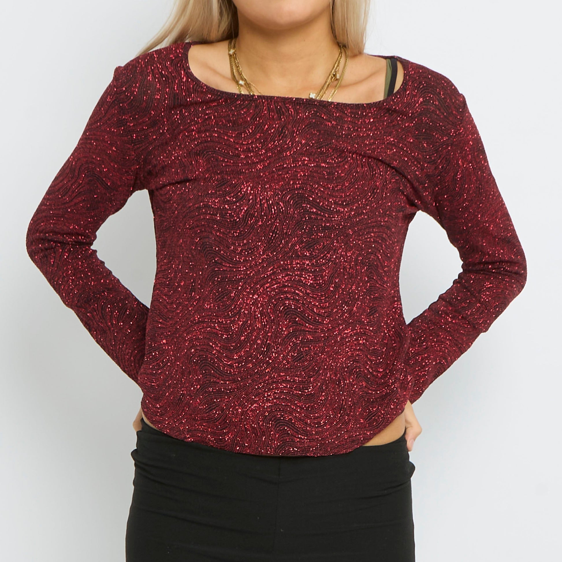 Swirl Design Sparkly Round Neck Long Sleeve Top- UK 8