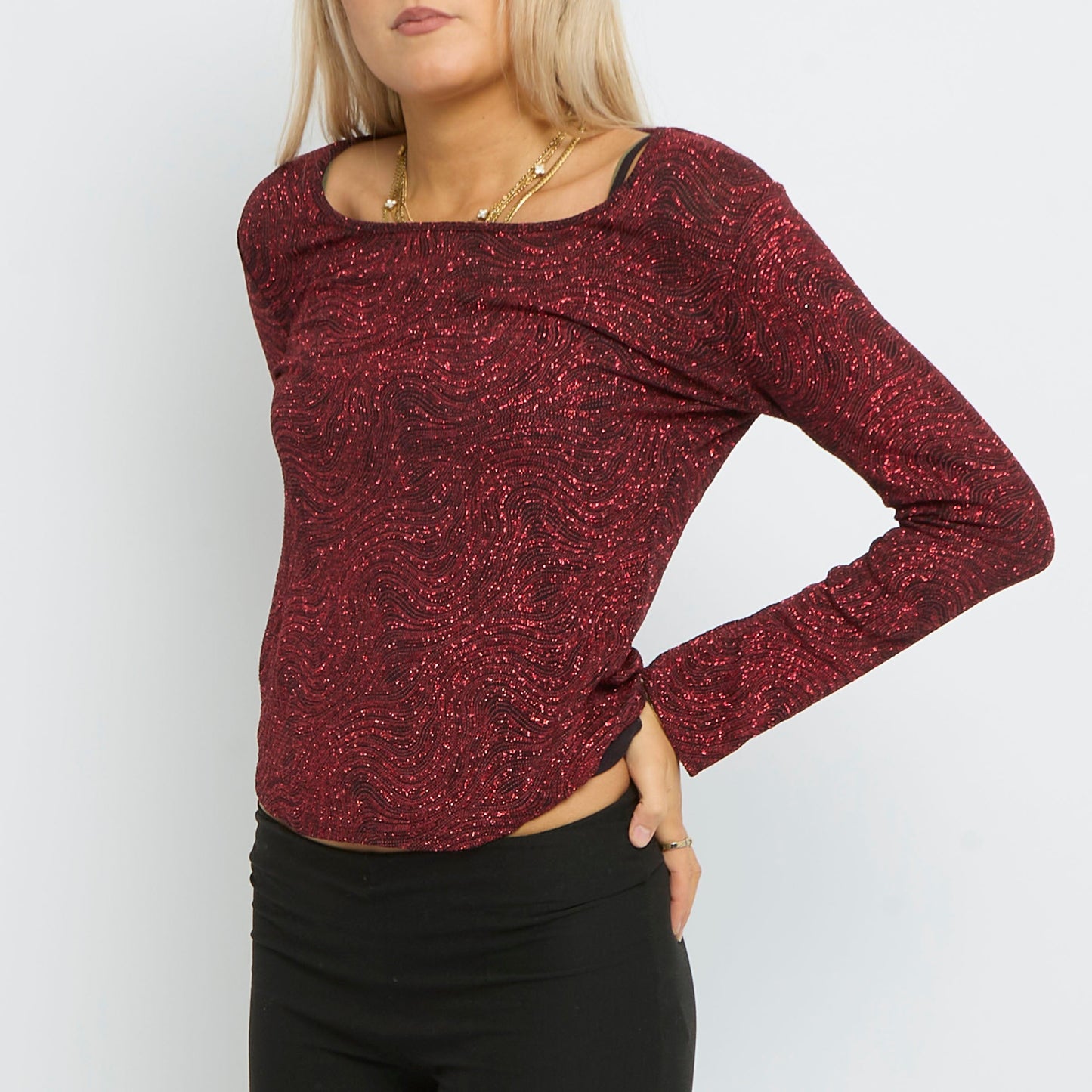 Swirl Design Sparkly Round Neck Long Sleeve Top- UK 8